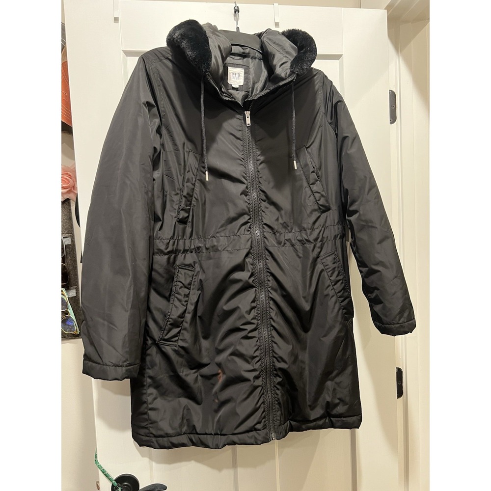 NWT GAP Primaloft Luxe Parka Coat Womens XSMALL Black Hood Faux Fur